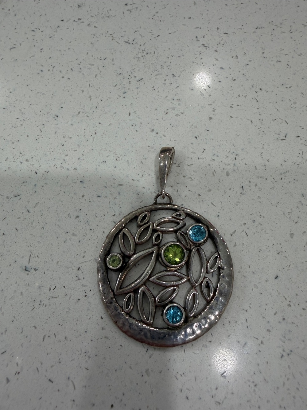 Silver-Tone Round Leaf Pendant Necklace with Green and Blue Stones